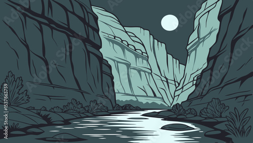 Canyon River Moonlight: Tranquil Gorge Landscape at Night.