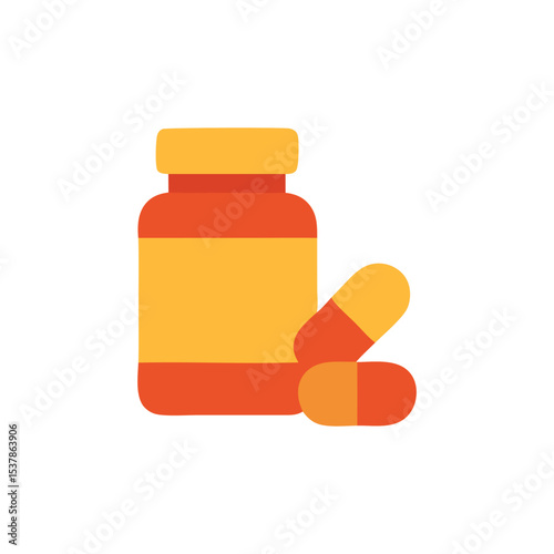 A flat illustration of a medicine bottle and two capsules.
