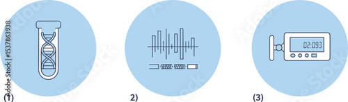 DNA testing, genetic analysis, digital sequencing, biotechnology research icons with lab equipment, science symbols and data tools in blue background illustration

 flat vector illustration