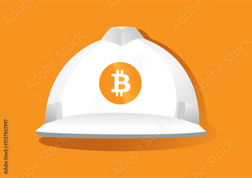 White construction helmet adorned with the Bitcoin logo on a vibrant orange background for cryptocurrency safety concept.