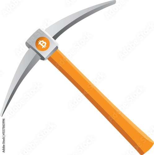 Mining pickaxe with Bitcoin logo on handle against a clean white background illustrating cryptocurrency mining concept.
