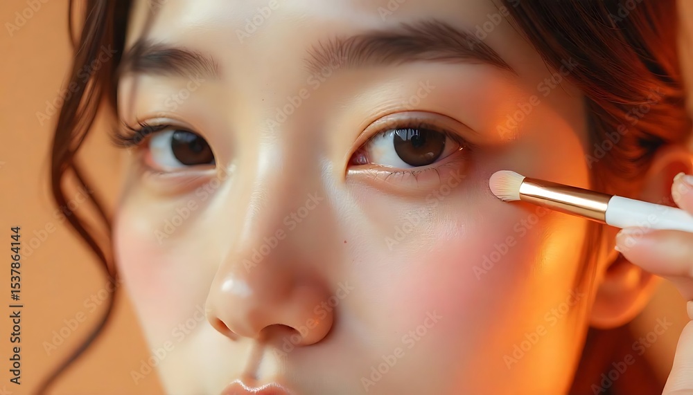 Obraz premium Young woman applying makeup under warm light enhances beauty skin tone cosmetics eye makeup brush
