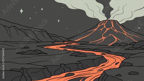Cartoon Lava Flow: Volcanic Night Landscape with Stars.