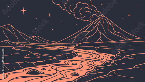 Volcanic Eruption: Stylized Nightscape with River, Mountains, and Stars.