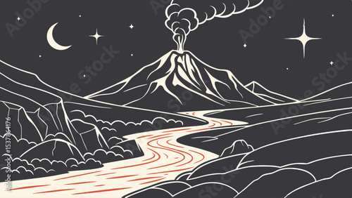 Volcanic Landscape: Night River, Moon, and Stars, Eruption in Vector Style.