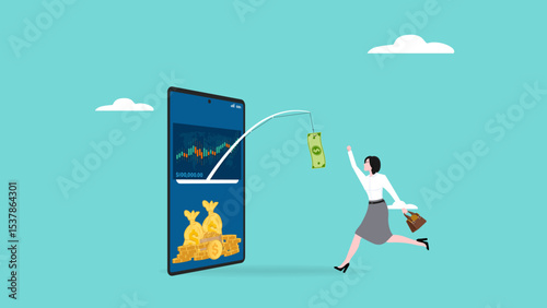 phone scam with fraud investment offers, social media crime with theft of personal data, happy woman who is tempted by fake investment offers that are detrimental and threaten personal data