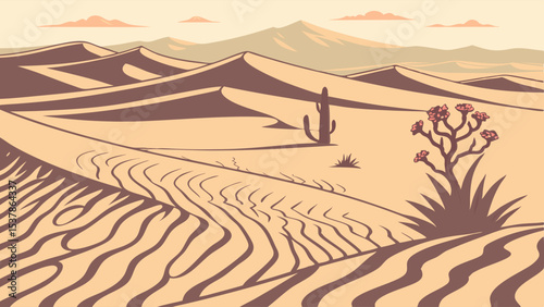 Stylized Desertscape: Sand Dunes, Cactus, and Floral Succulent.