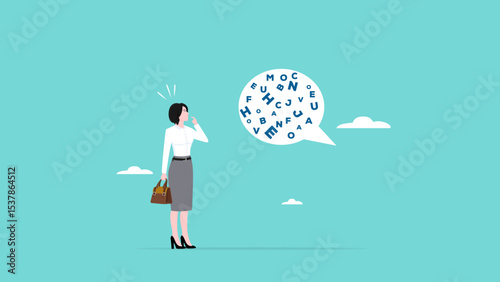 information with technical words or language that is difficult to understand, information that is complicated concept, information with jargon words in speech bubble that make woman confused