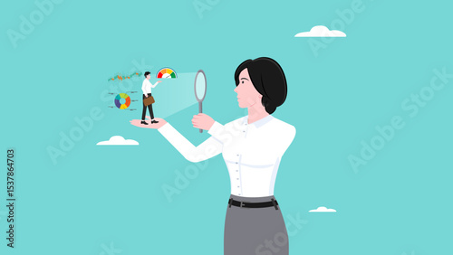 employee performance evaluation, assessment of employee competency development, annual review to achieve business goals, business woman using magnifying glass to review employees with diagram graph