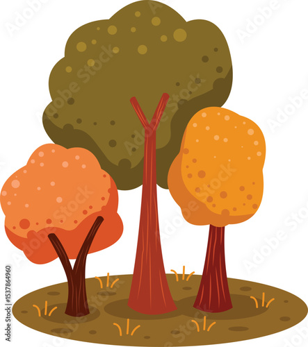 Flat Vector Illustration of Autumn Trees with Colorful Foliage on Forest Ground