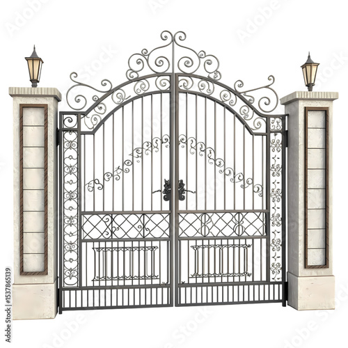Elegant Ornate Wrought Iron Gate with Stone Pillars: Architectural Design Inspiration
