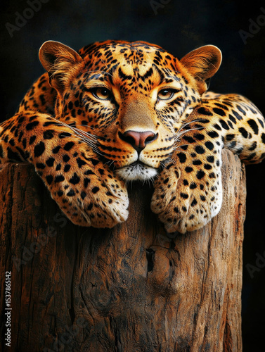 Leopard resting on weathered wood, pensive gaze