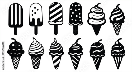 Assorted Black And White Ice Cream Icons Sweet Treats Collection