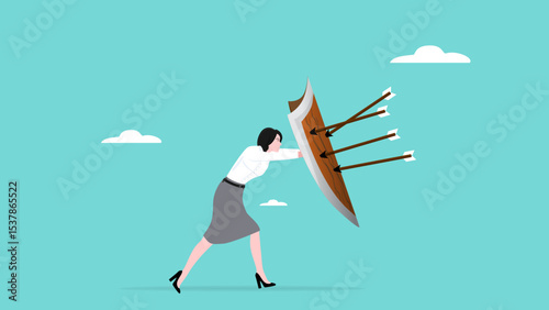protection from threats, protects from Cyber ​​Threats to Businesses growth, protective shield company data security from cyber attacks, woman uses a protective shield to ward off arrow attacks