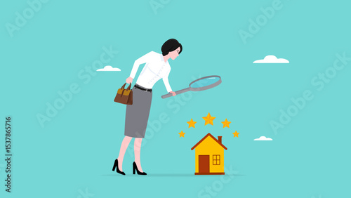 review of real estate or property for reasonable market value, Real estate appraisal, land or property valuation concept, business woman with magnifying glass assessing 5 star real estate property