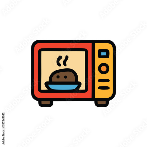 A colorful illustration of a microwave oven with a dish of food inside, suggesting cooking.
