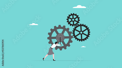 business driver, manager of business management or business strategy, business leadership skill, smart business woman turns gears to drive business turnover concept vector illustration
