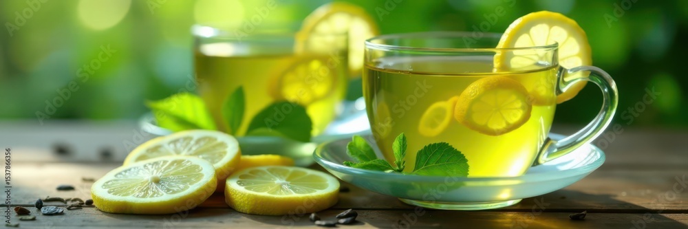 Fototapeta premium Two cups of green tea with lemon slices, visible tea leaves , photography, leaves, home