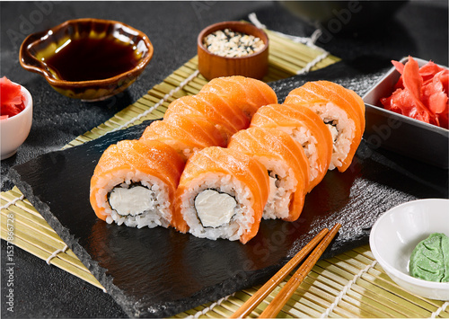 Philadelphia luxe salmon roll with cream cheese on slate plate, vibrant lighting, high-contrast style