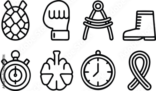 Outline icon set of perseverance symbols isolated on transparent background