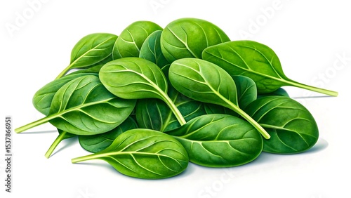 Fresh green spinach leaves piled together isolated on white background
