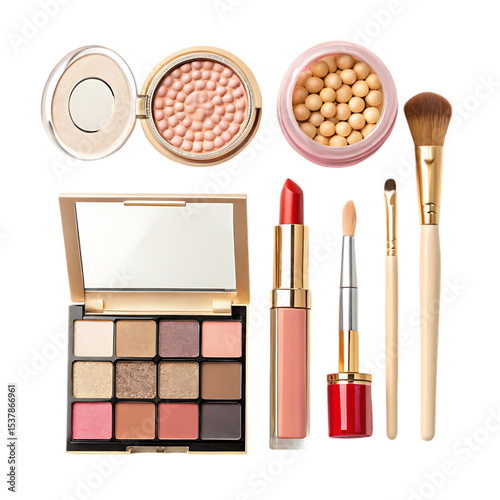 Makeup Products: Eyeshadow Palette, Lipstick, Blush, and Brushes