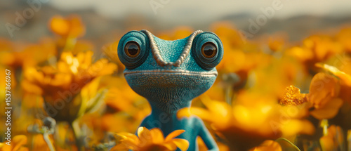 Cute blue chameleon amidst vibrant yellow flowers