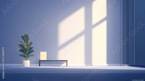 Minimalist interior with natural light, plant, table, and geometric shapes in modern design