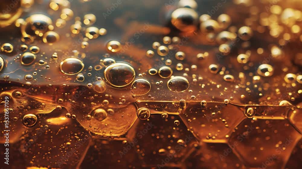 Exploring the beauty of honeycomb and golden bubbles in a close-up shot of natural sweetness