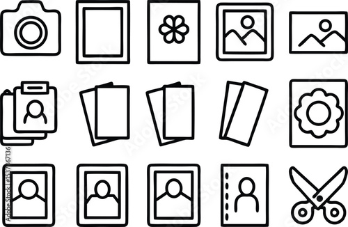 Outline icon set for photo album creation process isolated on transparent background
