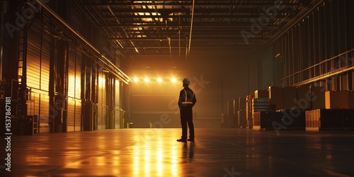 A warehouse illuminated by an array of modern LED lights. A single engineer examines the installation, ensuring optimal energy use.