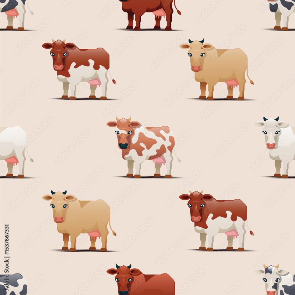Fototapeta premium Seamless vector pattern featuring stylized cow in a modern, whimsical design. Perfect for textiles, wallpapers, wrapping paper, and digital backgrounds. Fully editable, scalable, ideal for nature