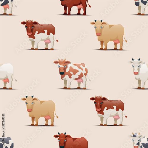 Seamless vector pattern featuring stylized  cow in a modern, whimsical design. Perfect for textiles, wallpapers, wrapping paper, and digital backgrounds. Fully editable, scalable, ideal for nature