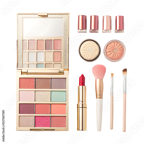 Makeup Kit: Eyeshadow Palette, Lipstick, Blush, Brushes, and Lip Gloss