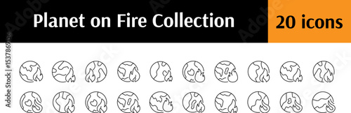 Planet on Fire Line Icon Set. Outline Signs for Graphic and Web Design, Apps, Adverts, Various Cards