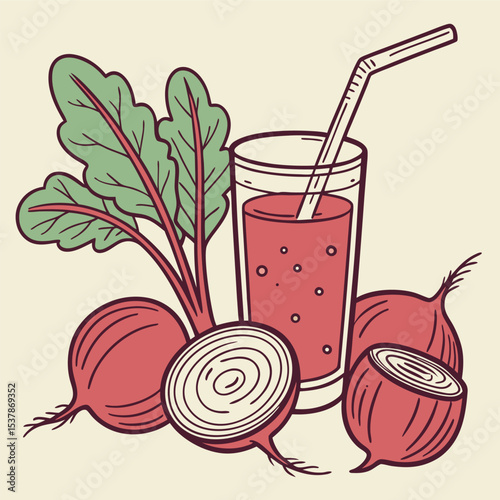 Whole and sliced red beets sit near beetroot juice in a glass with straw