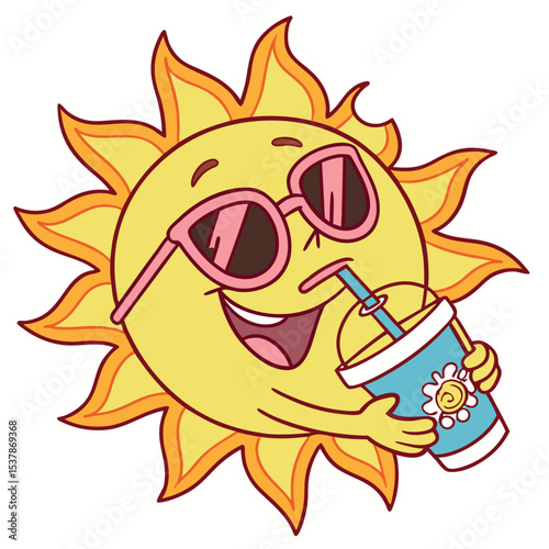 Yellow sun cartoon character wearing sunglasses and joyfully drinking refreshing smoothie beverage in summer