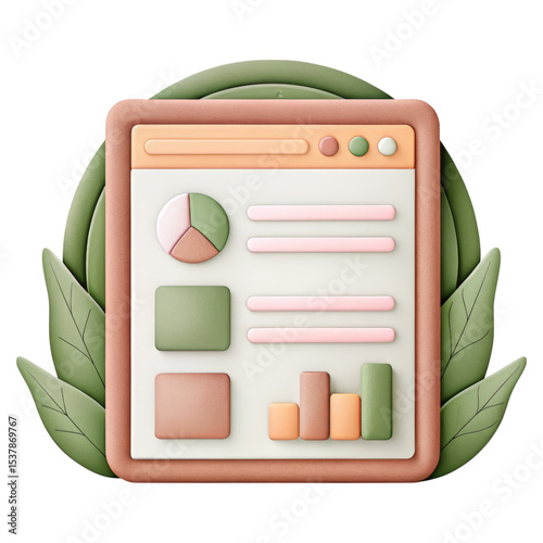 A stylized analytics dashboard displays charts, graphs, and data elements with green and peach tones, framed by leaves to symbolize eco-friendly data insights.
