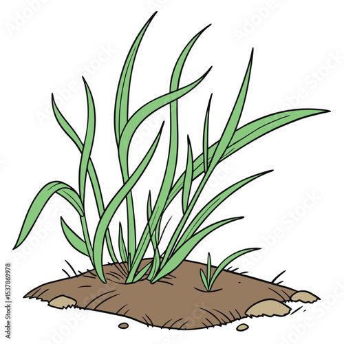 Cartoon clump showcases spiky green grass growing from a brown dirt hill isolated
