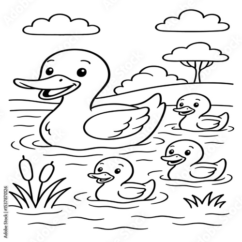 A family of ducks swims peacefully in a pond, illustrated in a simple cartoon style with clean black-and-white outlines, perfect for a coloring book.