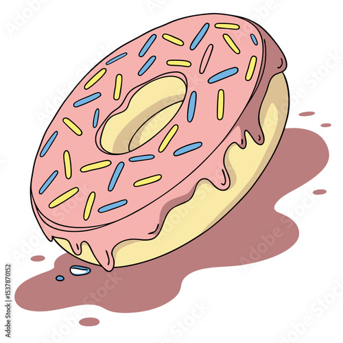 Cartoon donut with pink glaze and sprinkles rests on a pink surface with transparent background