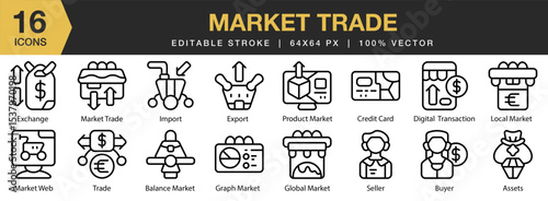 Market Trade icon set. Editable Stroke Icon Collection. Includes business, investment, chart, market, finance, and More. Outline icons vector collection.