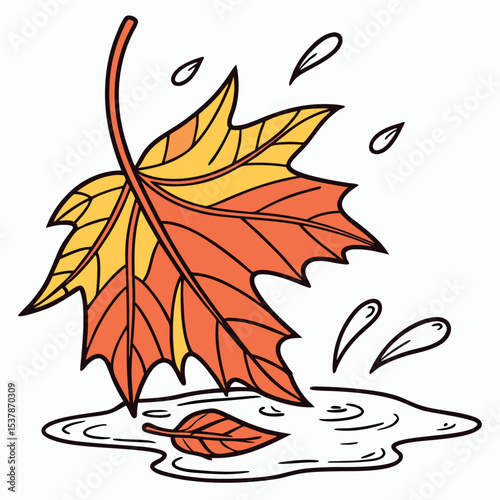 Cartoon maple leaf falling into a puddle during an autumn rain shower is transparent