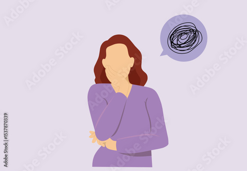 Feeling worried and frustration concept. Young irritated frustrated woman cartoon character standing touching chick flat vector illustration.
