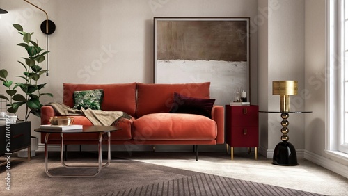 Obraz na płótnie Luxury mid century retro living room with orange velvet sofa, coffee table, Indi