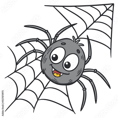 Cartoon spider with a toothy grin is building his elaborate web structure