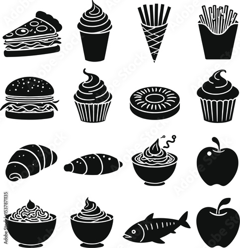 Monochrome Food Icons Pizza Ice Cream Burger Cupcakes Croissants and More