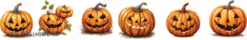 Spooky Carved Halloween Pumpkin Jack-O'-Lantern Isolated on White Background