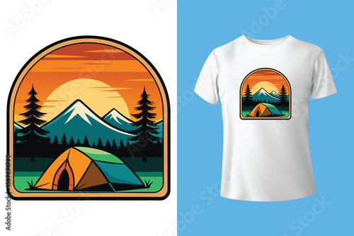 Outdoor adventure badge set featuring camping quotes and forest illustrations. Perfect for t-shirt designs, stickers, travel gear, or hiking-themed merchandise.