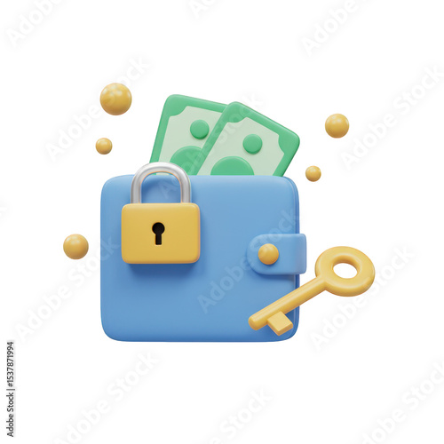 Locked wallet with key and money 3d render isolated on transparent background